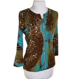 NWOT Venini Full Front Zip Crew Neck Animal Print 3/4 Sleeve Cardigan Size L